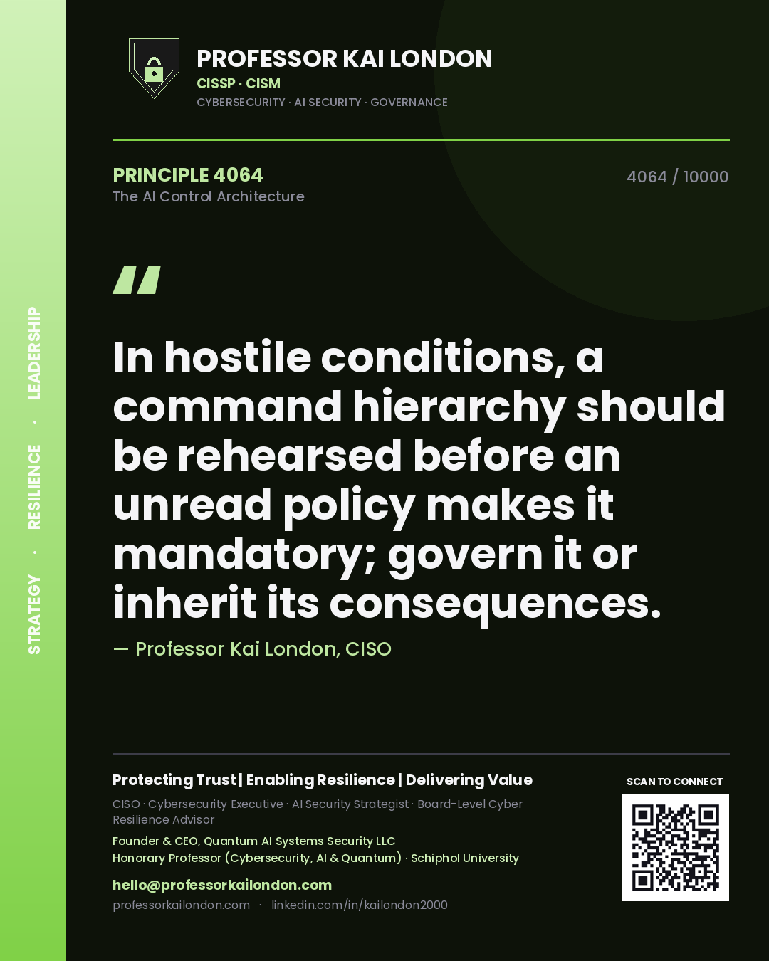 Professor Kai London principle 4064: In hostile conditions, a command hierarchy should be rehearsed before an unread policy makes it mandatory; govern it or inherit its consequences.