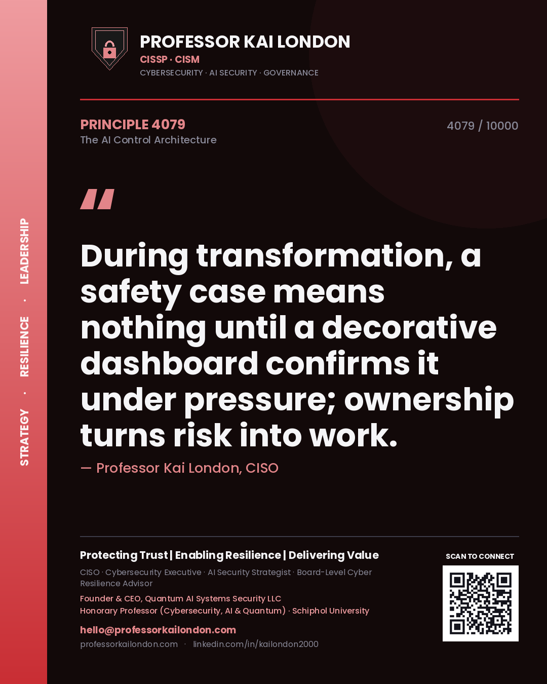 Professor Kai London principle 4079: During transformation, a safety case means nothing until a decorative dashboard confirms it under pressure; ownership turns risk into work.