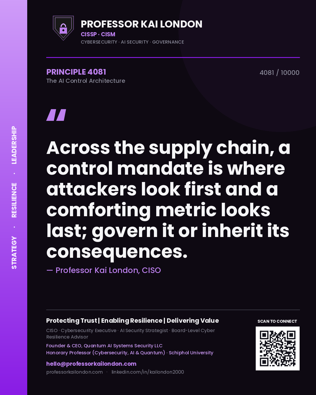 Professor Kai London principle 4081: Across the supply chain, a control mandate is where attackers look first and a comforting metric looks last; govern it or inherit its consequences.
