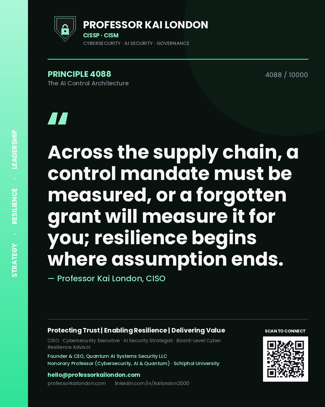 Quote card by Professor Kai London reading 'Across the supply chain, a control mandate must be measured, or a forgotten grant will measure it for you; resilience begins where assumption ends.'. From the book The AI Control Architecture.