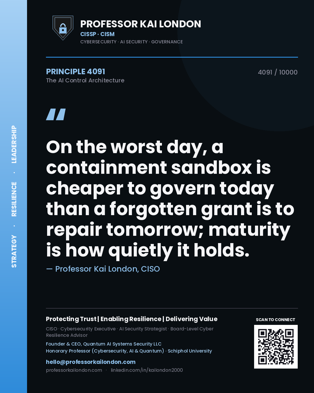 Professor Kai London principle 4091: On the worst day, a containment sandbox is cheaper to govern today than a forgotten grant is to repair tomorrow; maturity is how quietly it holds.
