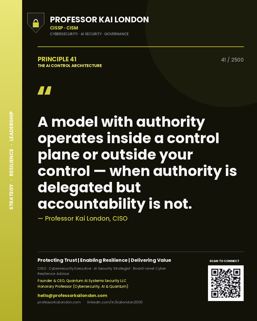 Professor Kai London principle 41: A model with authority operates inside a control plane or outside your control — when authority is delegated but accountability is not.