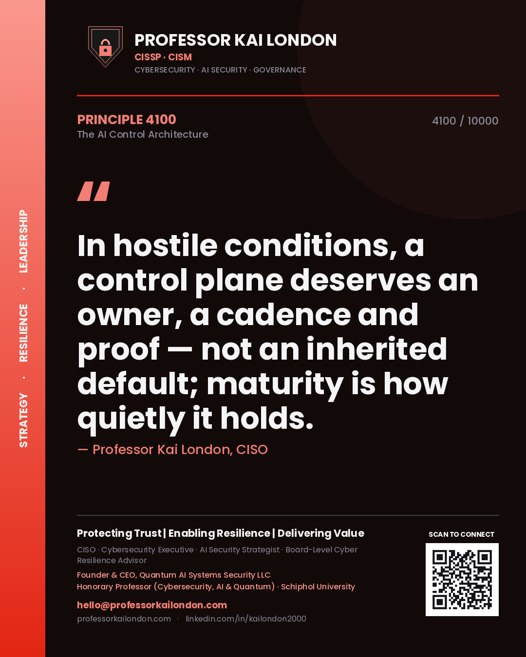 Quote card by Professor Kai London reading 'In hostile conditions, a control plane deserves an owner, a cadence and proof — not an inherited default; maturity is how quietly it holds.'. From the book The AI Control Architecture.