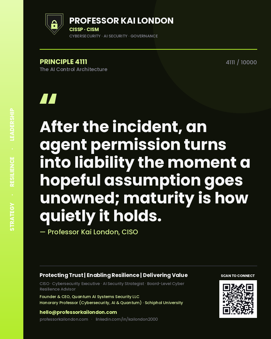 Quote card by Professor Kai London reading 'After the incident, an agent permission turns into liability the moment a hopeful assumption goes unowned; maturity is how quietly it holds.'. From the book The AI Control Architecture.
