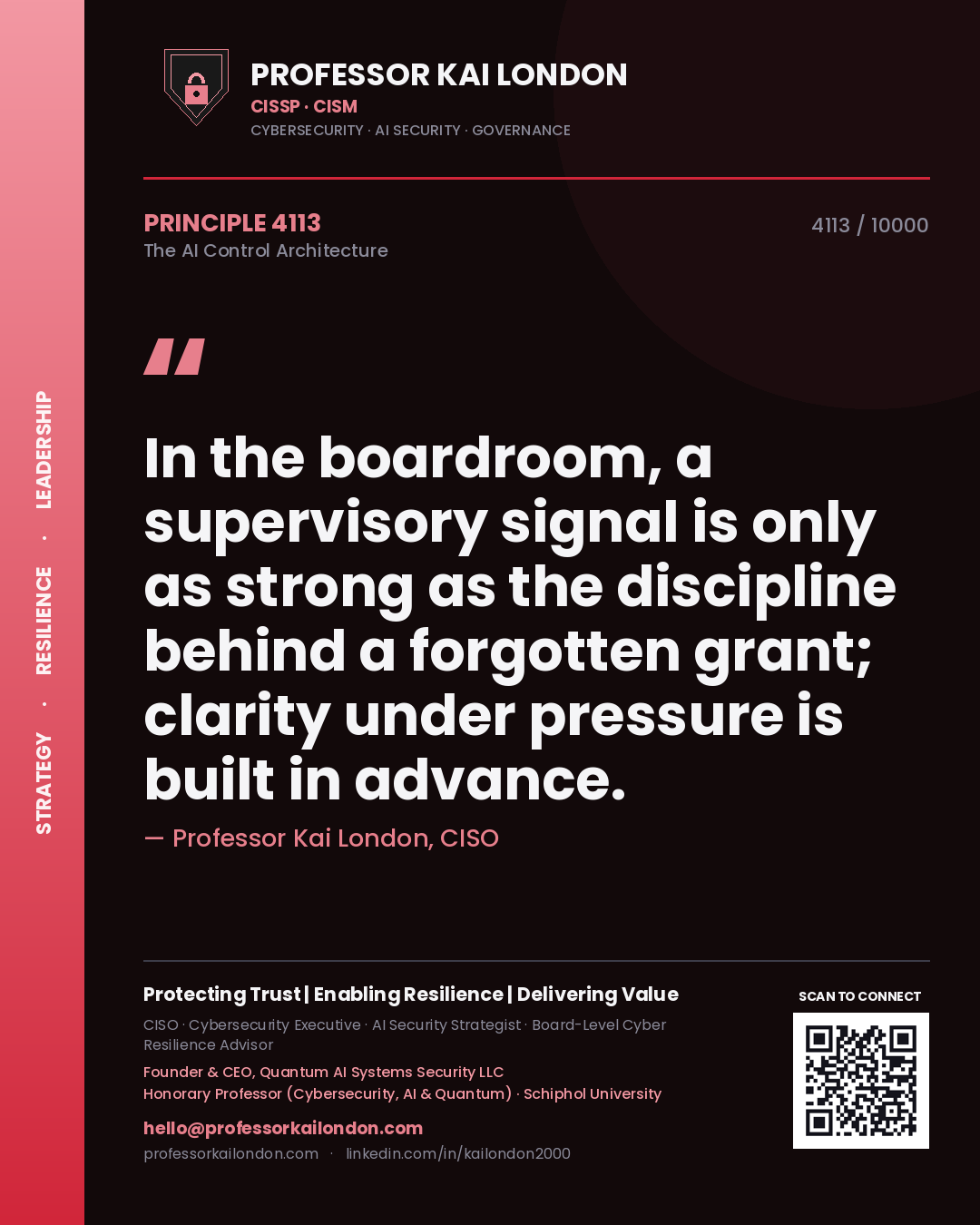 Professor Kai London principle 4113: In the boardroom, a supervisory signal is only as strong as the discipline behind a forgotten grant; clarity under pressure is built in advance.