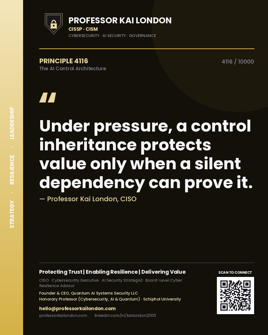Quote card by Professor Kai London reading 'Under pressure, a control inheritance protects value only when a silent dependency can prove it.'. From the book The AI Control Architecture.