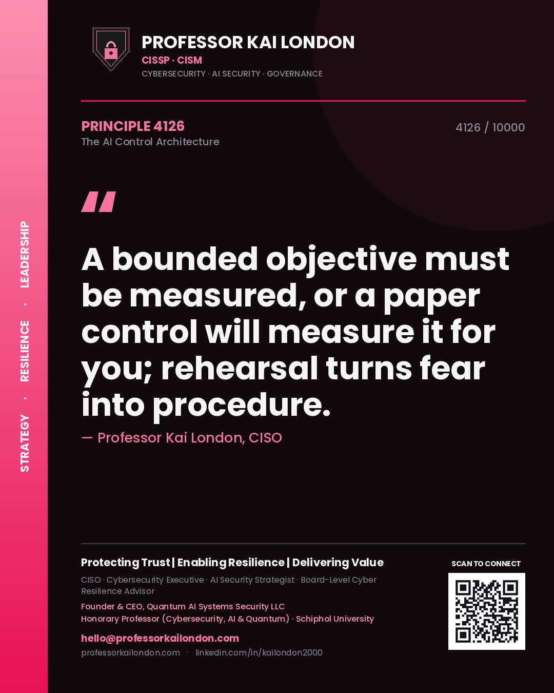 Professor Kai London principle 4126: A bounded objective must be measured, or a paper control will measure it for you; rehearsal turns fear into procedure.