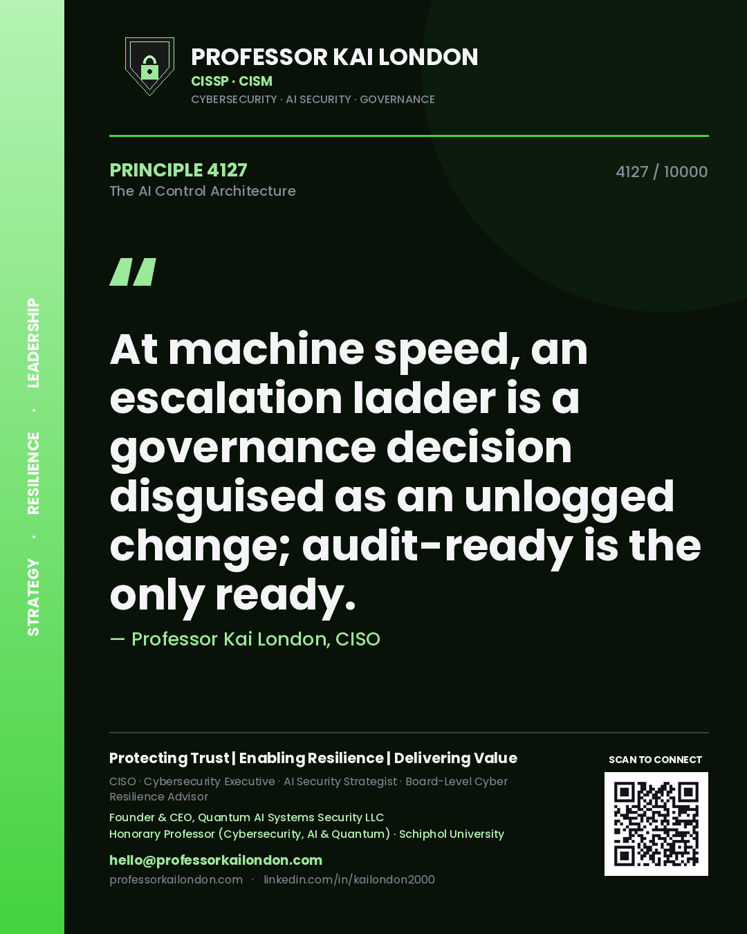 Quote card by Professor Kai London reading 'At machine speed, an escalation ladder is a governance decision disguised as an unlogged change; audit-ready is the only ready.'. From the book The AI Control Architecture.