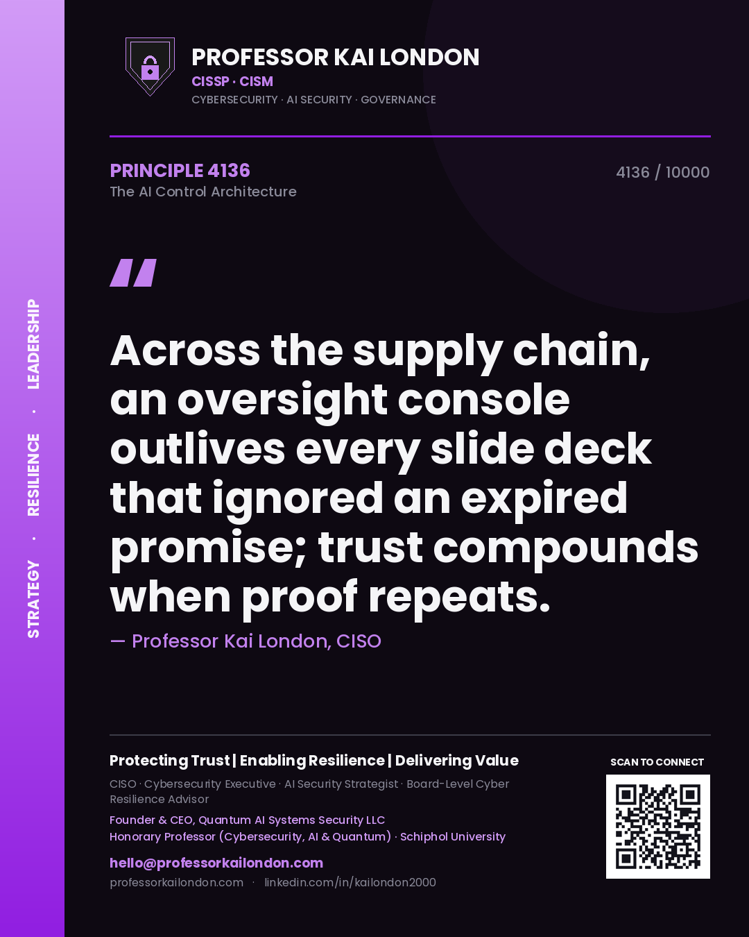 Quote card by Professor Kai London reading 'Across the supply chain, an oversight console outlives every slide deck that ignored an expired promise; trust compounds when proof repeats.'. From the book The AI Control Architecture.