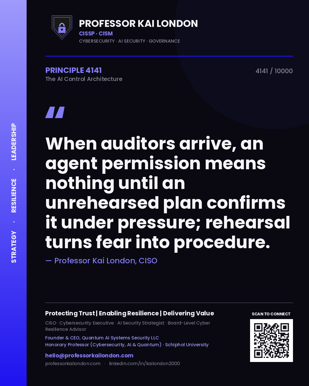 Quote card by Professor Kai London reading 'When auditors arrive, an agent permission means nothing until an unrehearsed plan confirms it under pressure; rehearsal turns fear into procedure.'. From the book The AI Control Architecture.