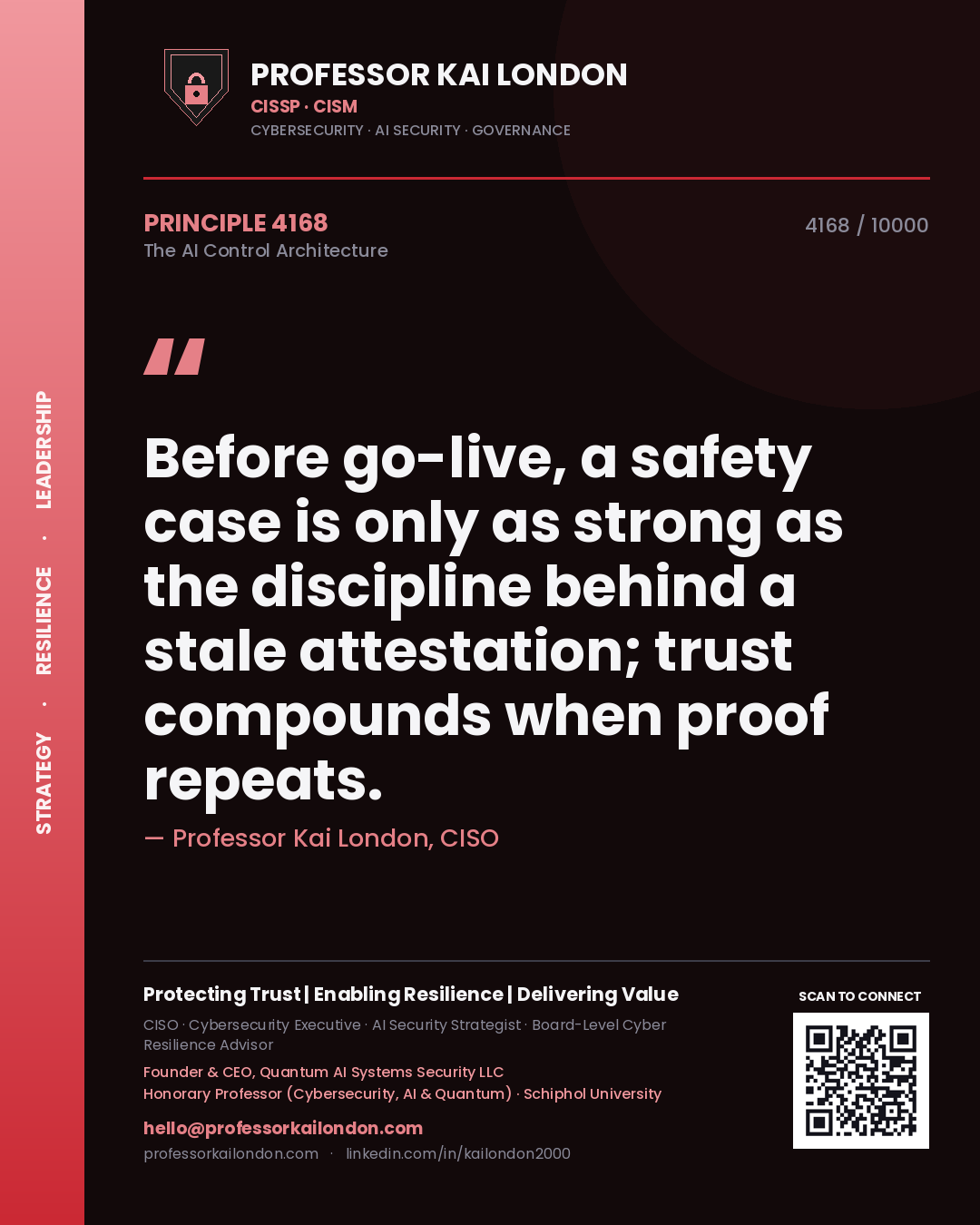 Professor Kai London principle 4168: Before go-live, a safety case is only as strong as the discipline behind a stale attestation; trust compounds when proof repeats.