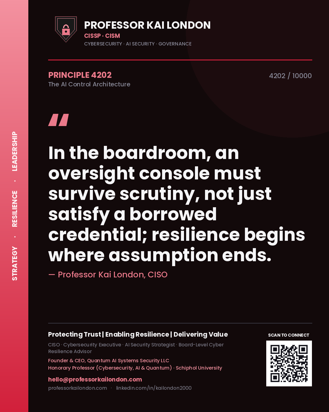 Quote card by Professor Kai London reading 'In the boardroom, an oversight console must survive scrutiny, not just satisfy a borrowed credential; resilience begins where assumption ends.'. From the book The AI Control Architecture.