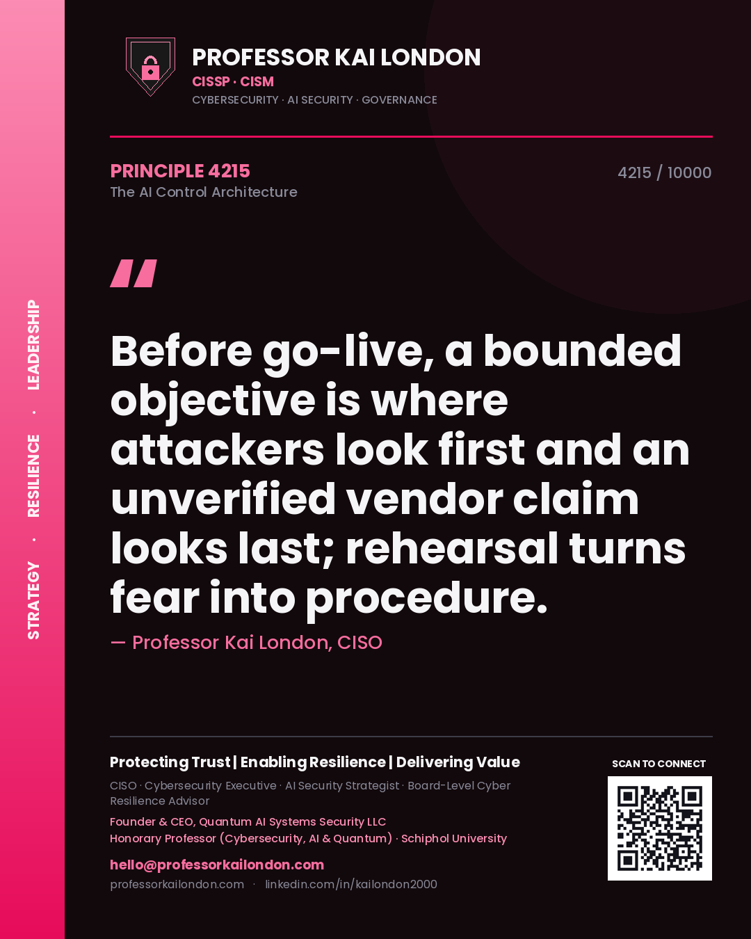 Professor Kai London principle 4215: Before go-live, a bounded objective is where attackers look first and an unverified vendor claim looks last; rehearsal turns fear into procedure.