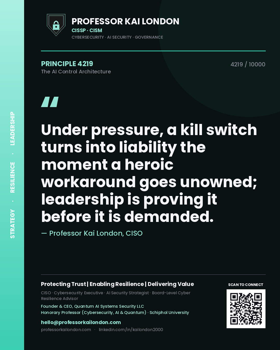 Quote card by Professor Kai London reading 'Under pressure, a kill switch turns into liability the moment a heroic workaround goes unowned; leadership is proving it before it is demanded.'. From the book The AI Control Architecture.