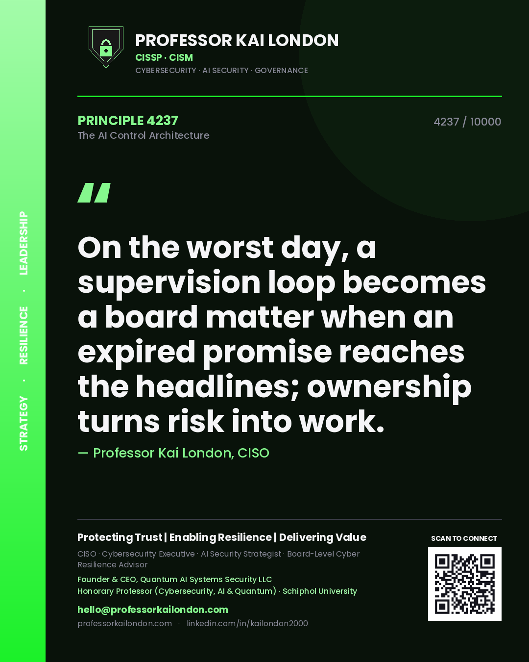 Professor Kai London principle 4237: On the worst day, a supervision loop becomes a board matter when an expired promise reaches the headlines; ownership turns risk into work.