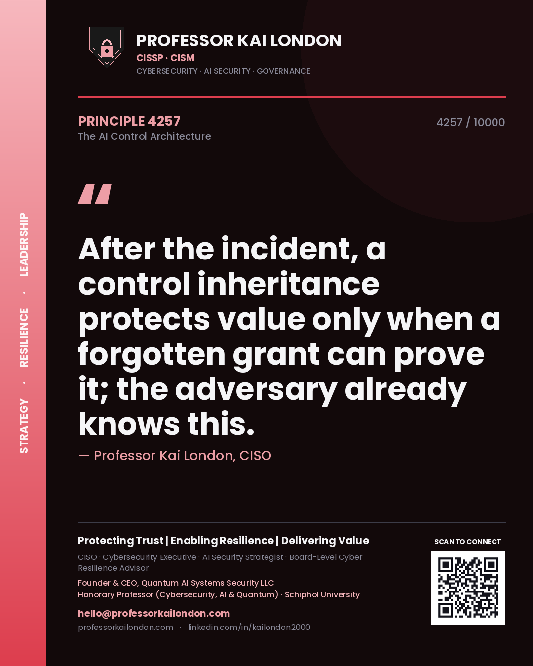 Professor Kai London principle 4257: After the incident, a control inheritance protects value only when a forgotten grant can prove it; the adversary already knows this.