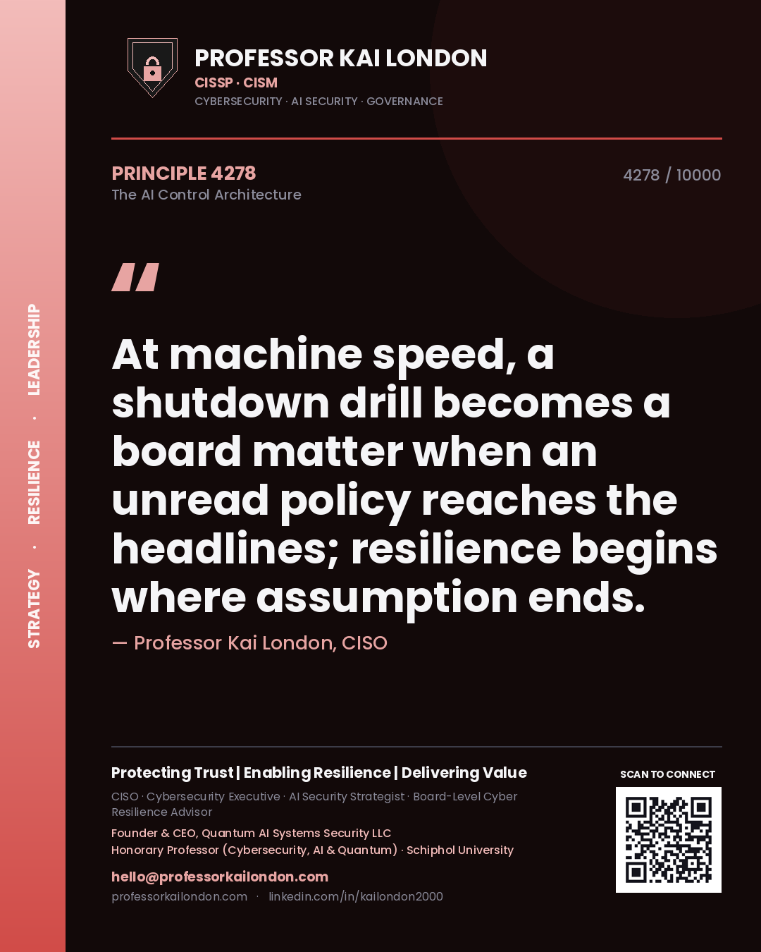 Professor Kai London principle 4278: At machine speed, a shutdown drill becomes a board matter when an unread policy reaches the headlines; resilience begins where assumption ends.