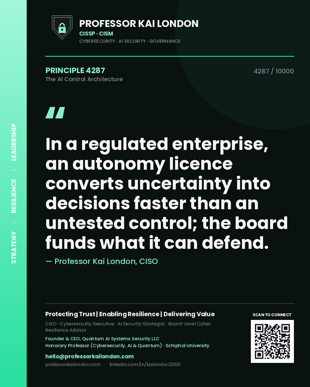 Quote card by Professor Kai London reading 'In a regulated enterprise, an autonomy licence converts uncertainty into decisions faster than an untested control; the board funds what it can defend.'. From the book The AI Control Architecture.