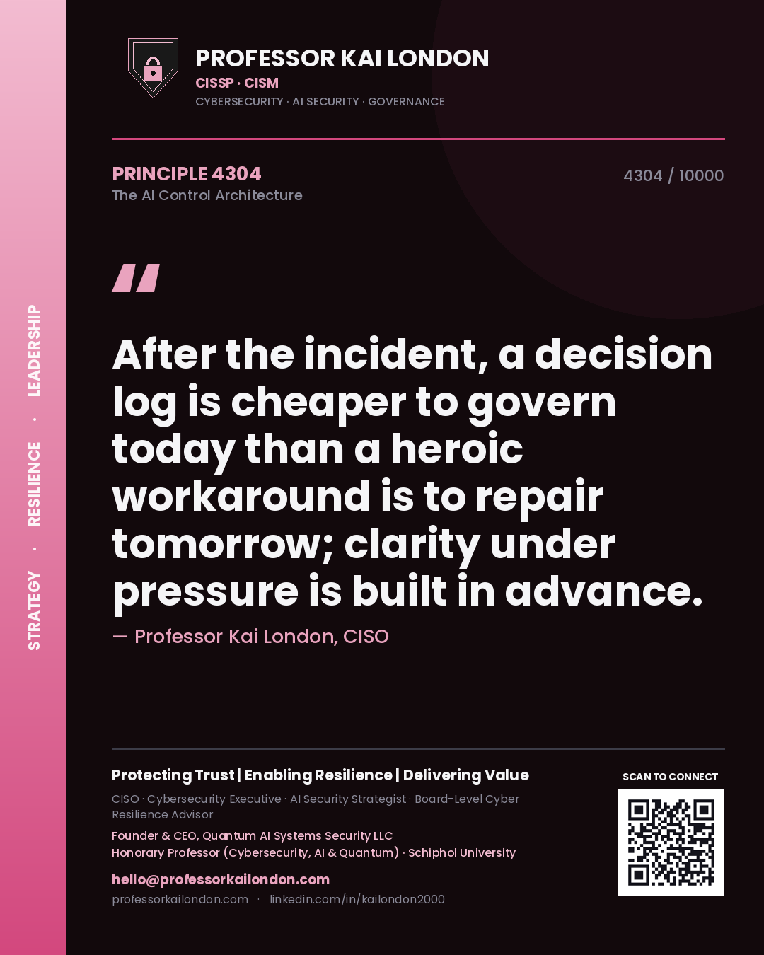 Professor Kai London principle 4304: After the incident, a decision log is cheaper to govern today than a heroic workaround is to repair tomorrow; clarity under pressure is built in advance.