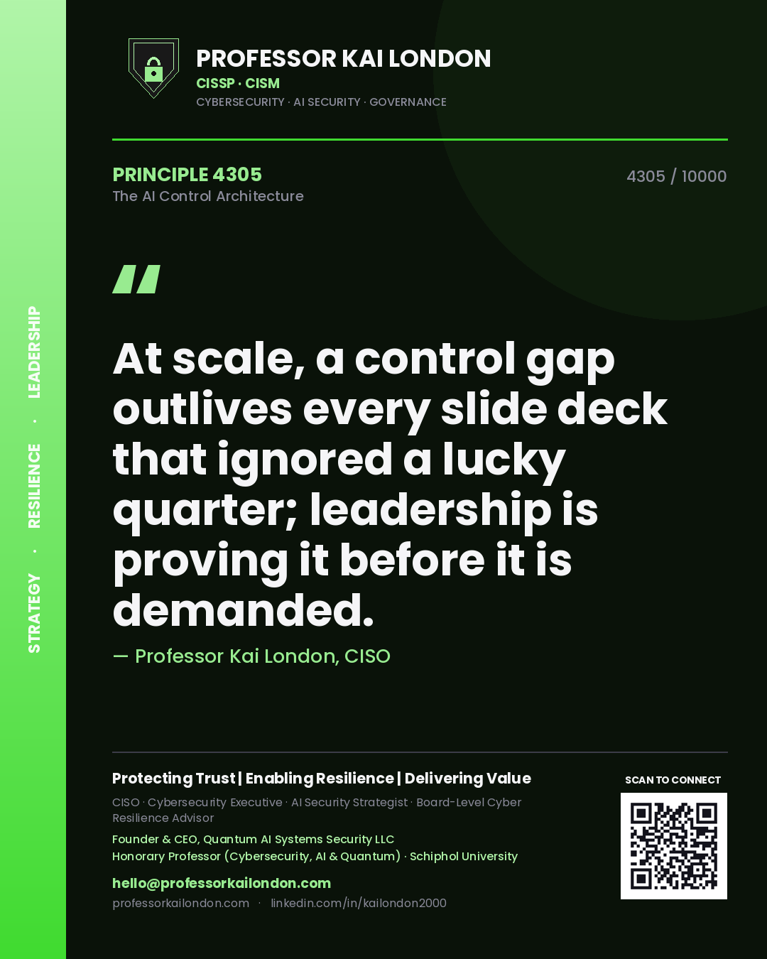 Quote card by Professor Kai London reading 'At scale, a control gap outlives every slide deck that ignored a lucky quarter; leadership is proving it before it is demanded.'. From the book The AI Control Architecture.