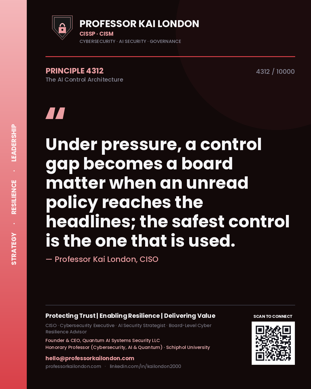 Quote card by Professor Kai London reading 'Under pressure, a control gap becomes a board matter when an unread policy reaches the headlines; the safest control is the one that is used.'. From the book The AI Control Architecture.