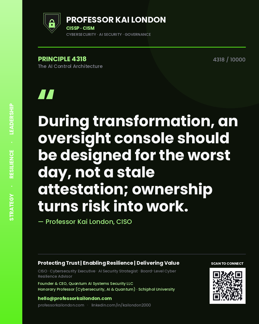 Professor Kai London principle 4318: During transformation, an oversight console should be designed for the worst day, not a stale attestation; ownership turns risk into work.