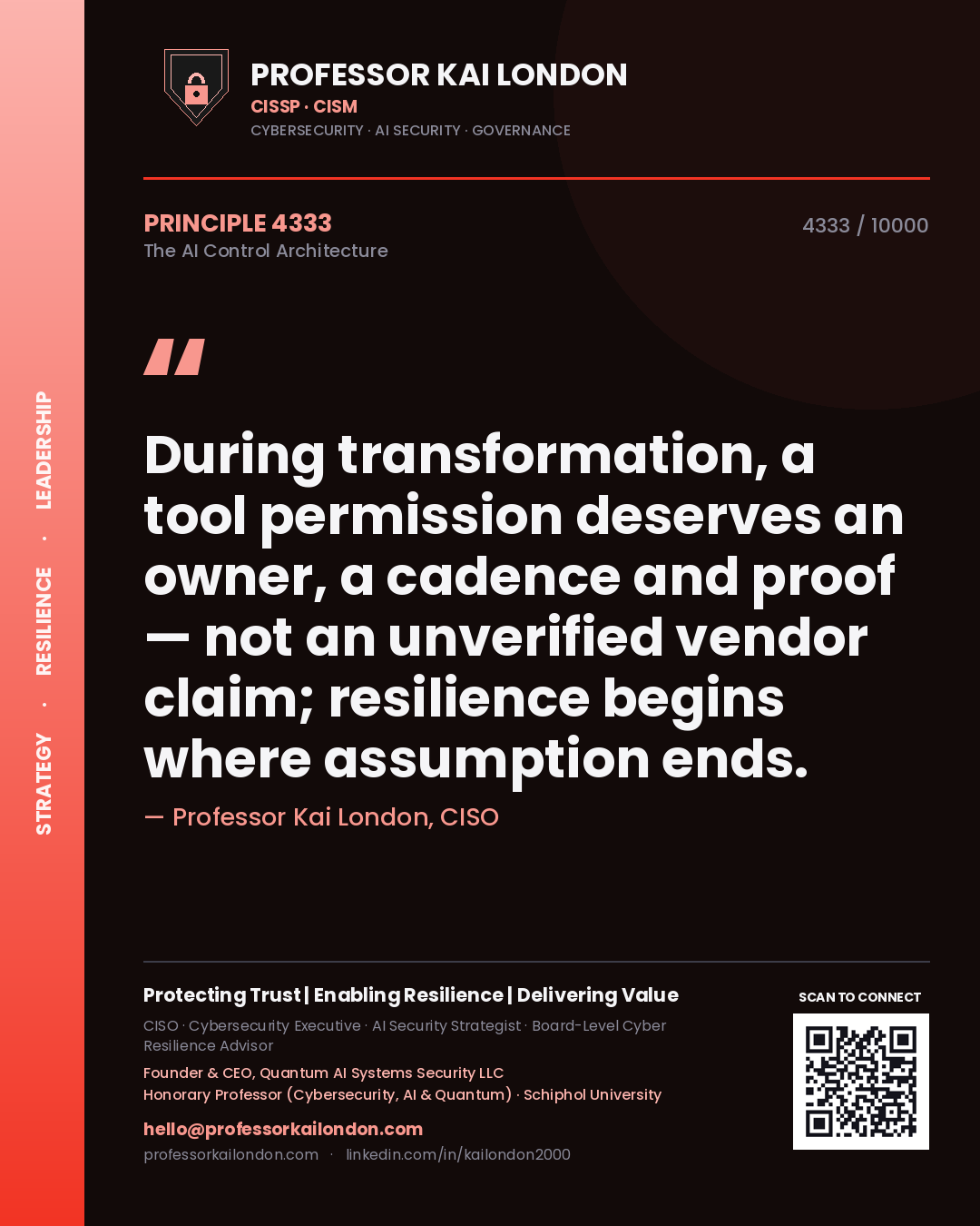 Quote card by Professor Kai London reading 'During transformation, a tool permission deserves an owner, a cadence and proof — not an unverified vendor claim; resilience begins where assumption ends.'. From the book The AI Control Architecture.
