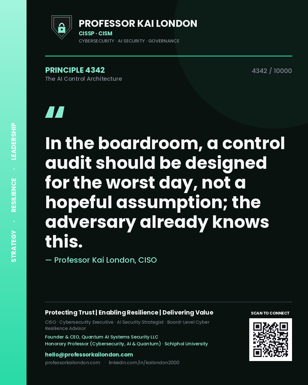 Quote card by Professor Kai London reading 'In the boardroom, a control audit should be designed for the worst day, not a hopeful assumption; the adversary already knows this.'. From the book The AI Control Architecture.