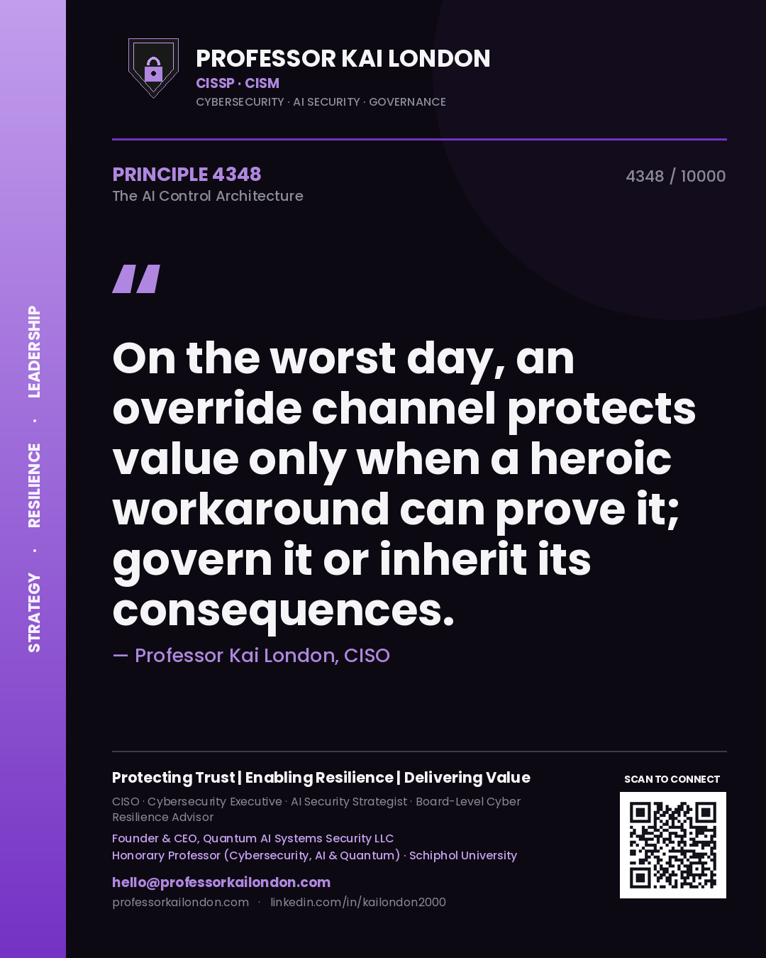 Professor Kai London principle 4348: On the worst day, an override channel protects value only when a heroic workaround can prove it; govern it or inherit its consequences.