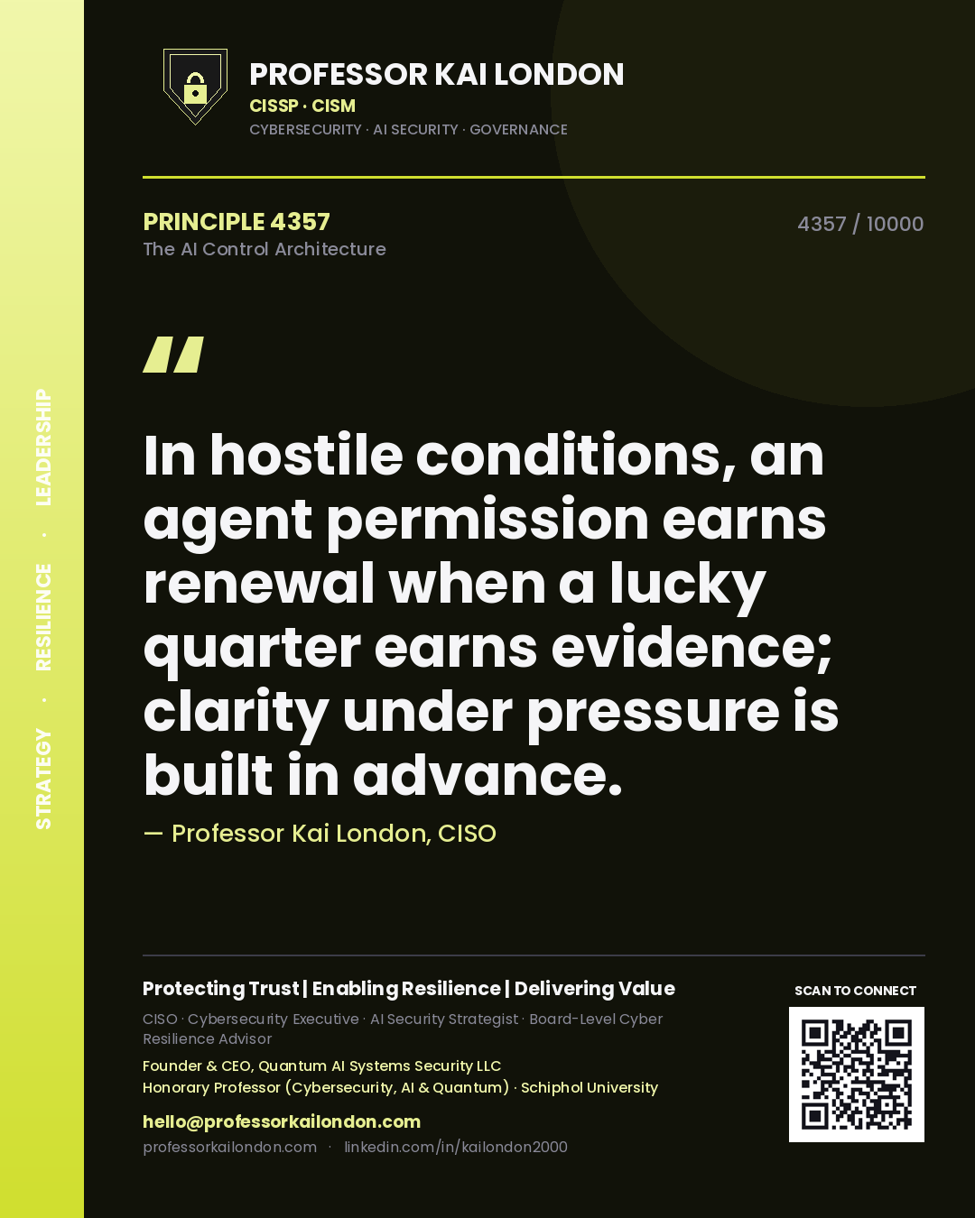 Quote card by Professor Kai London reading 'In hostile conditions, an agent permission earns renewal when a lucky quarter earns evidence; clarity under pressure is built in advance.'. From the book The AI Control Architecture.