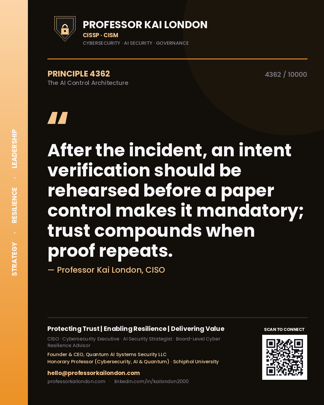 Quote card by Professor Kai London reading 'After the incident, an intent verification should be rehearsed before a paper control makes it mandatory; trust compounds when proof repeats.'. From the book The AI Control Architecture.