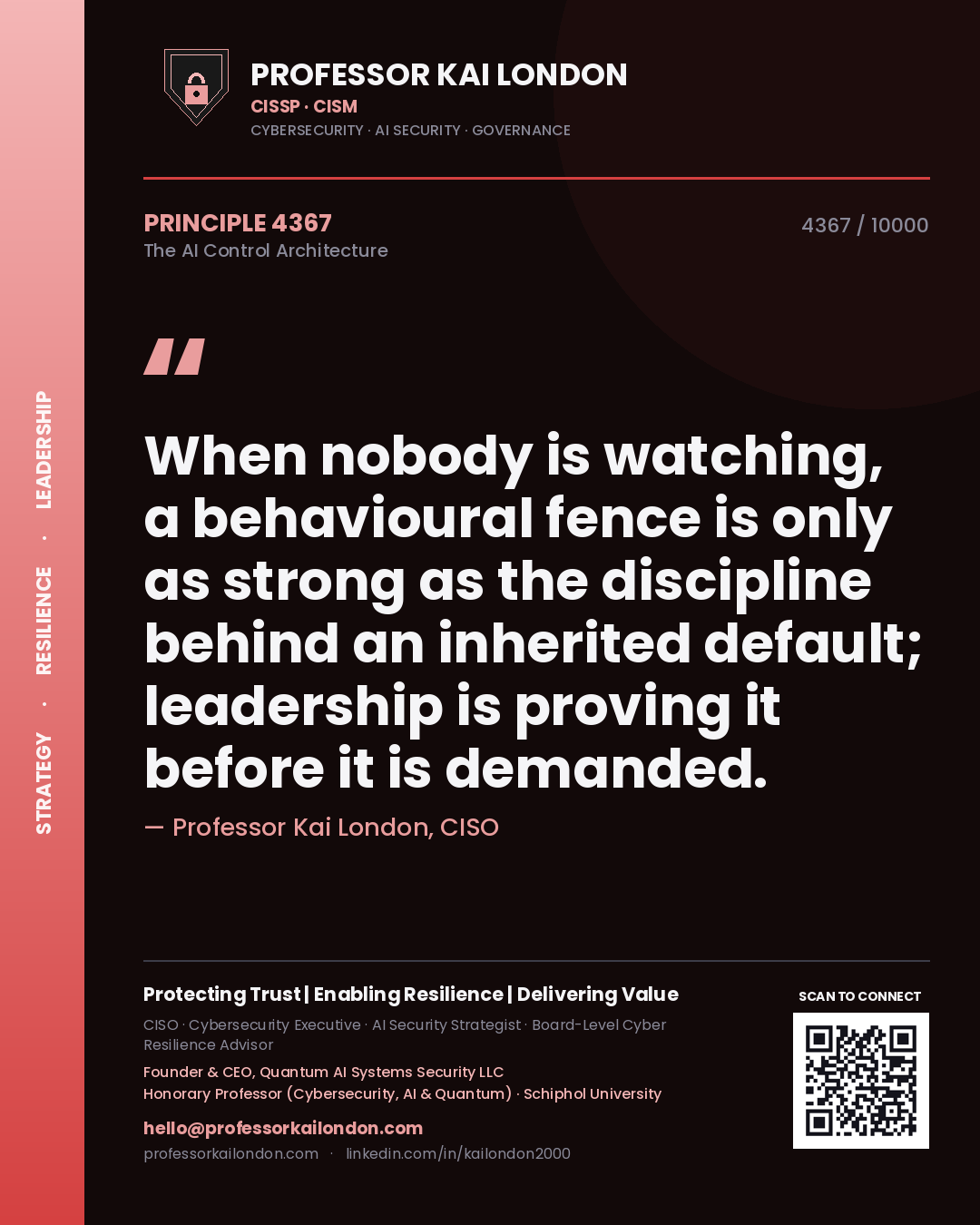 Professor Kai London principle 4367: When nobody is watching, a behavioural fence is only as strong as the discipline behind an inherited default; leadership is proving it before it is demanded.