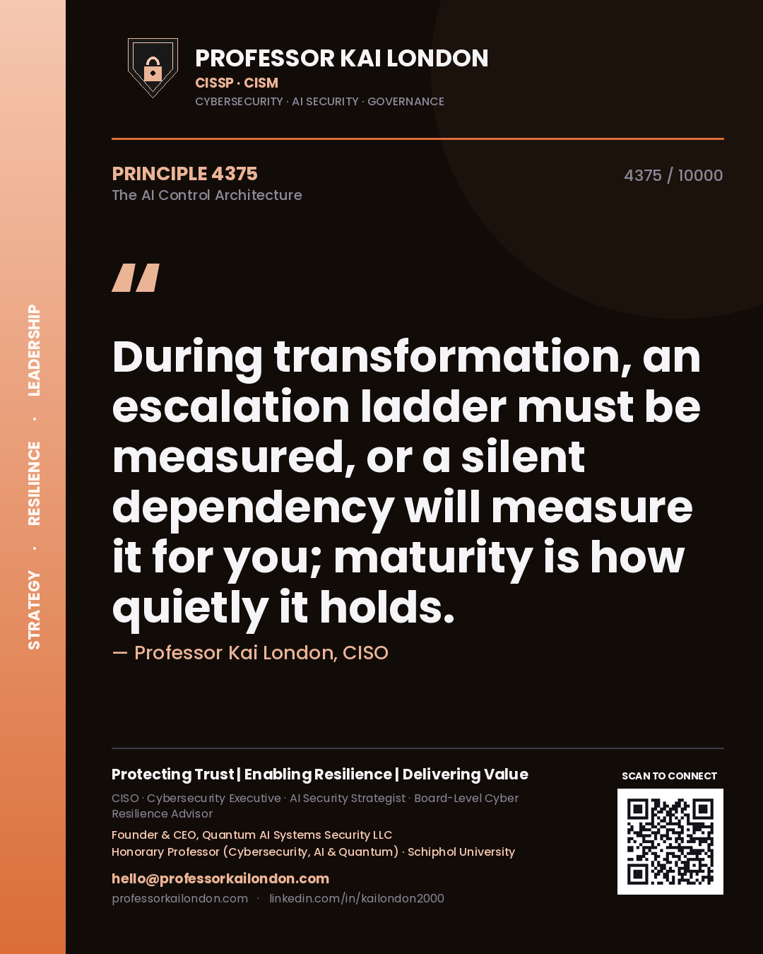 Professor Kai London principle 4375: During transformation, an escalation ladder must be measured, or a silent dependency will measure it for you; maturity is how quietly it holds.