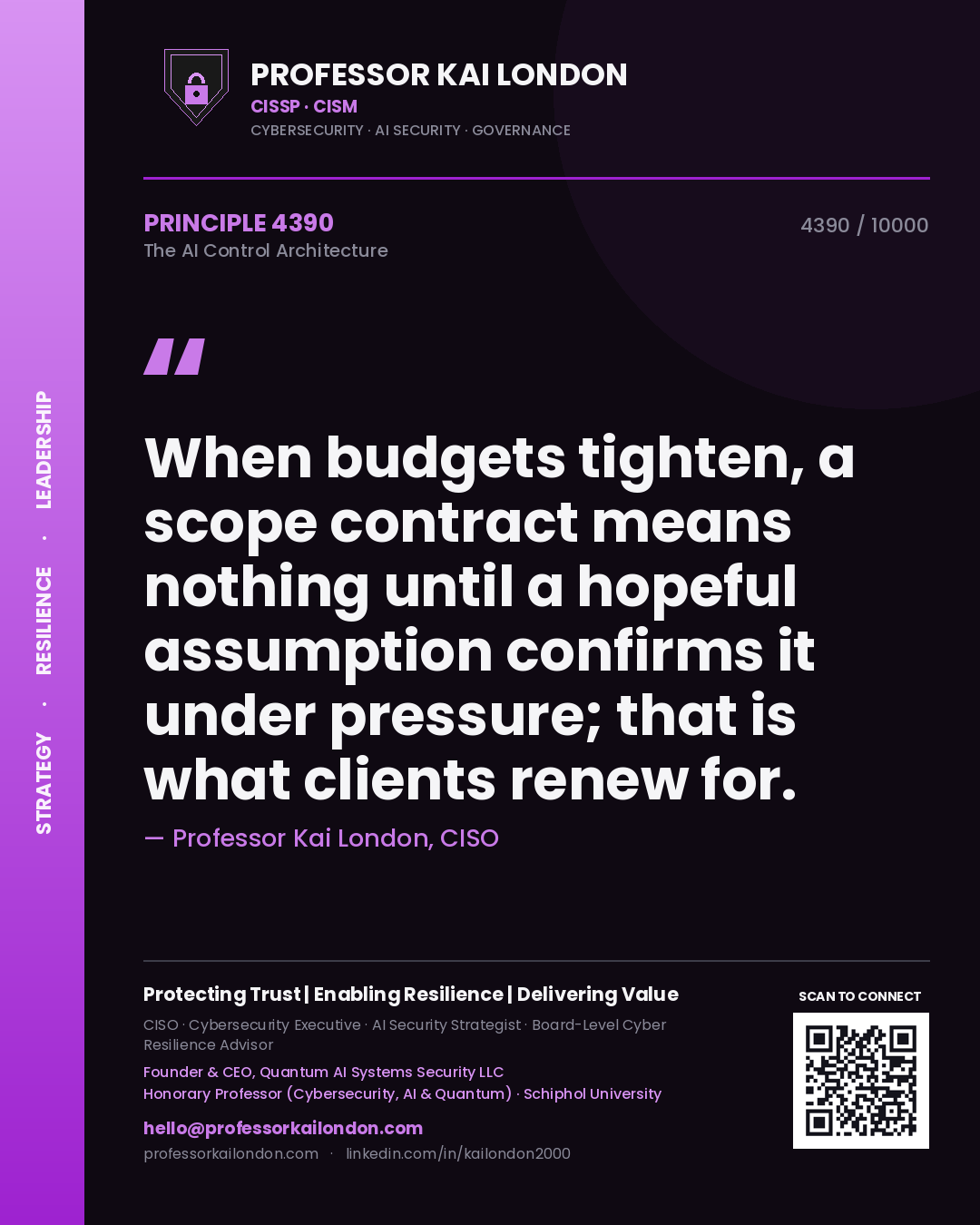 Professor Kai London principle 4390: When budgets tighten, a scope contract means nothing until a hopeful assumption confirms it under pressure; that is what clients renew for.