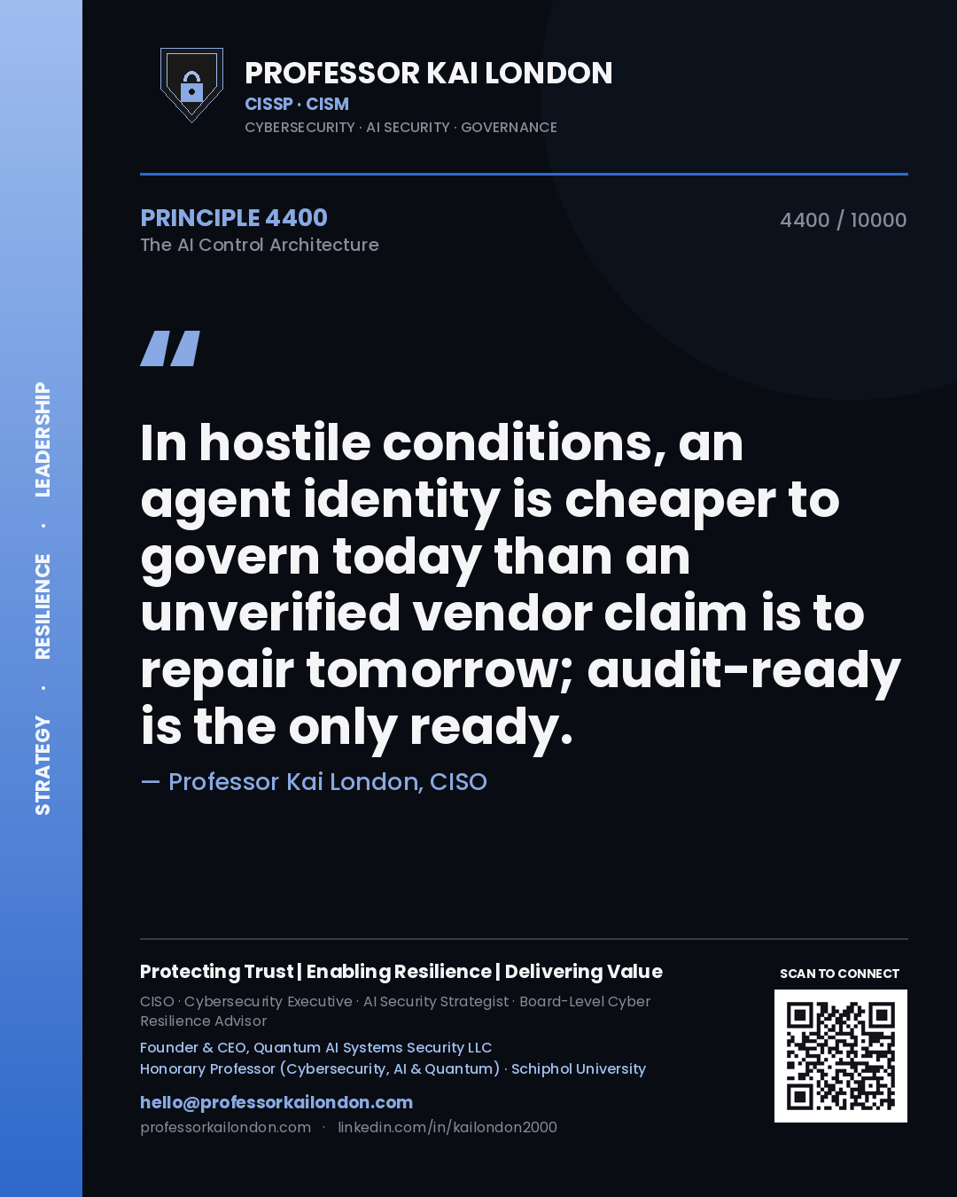 Quote card by Professor Kai London reading 'In hostile conditions, an agent identity is cheaper to govern today than an unverified vendor claim is to repair tomorrow; audit-ready is the only ready.'. From the book The AI Control Architecture.