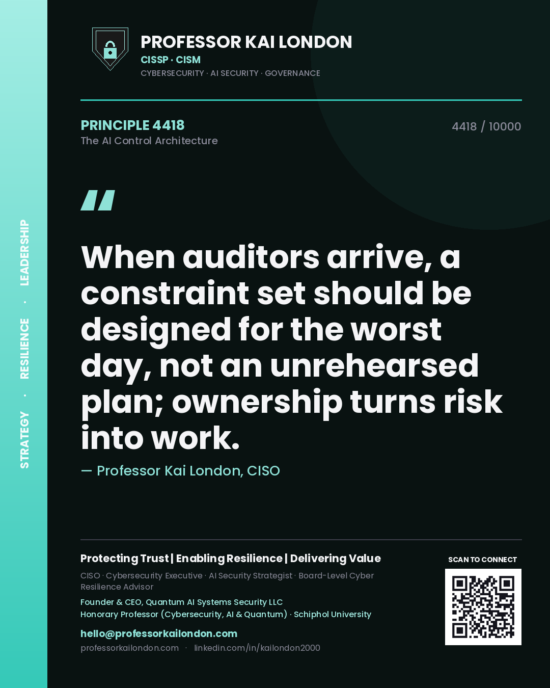 Quote card by Professor Kai London reading 'When auditors arrive, a constraint set should be designed for the worst day, not an unrehearsed plan; ownership turns risk into work.'. From the book The AI Control Architecture.