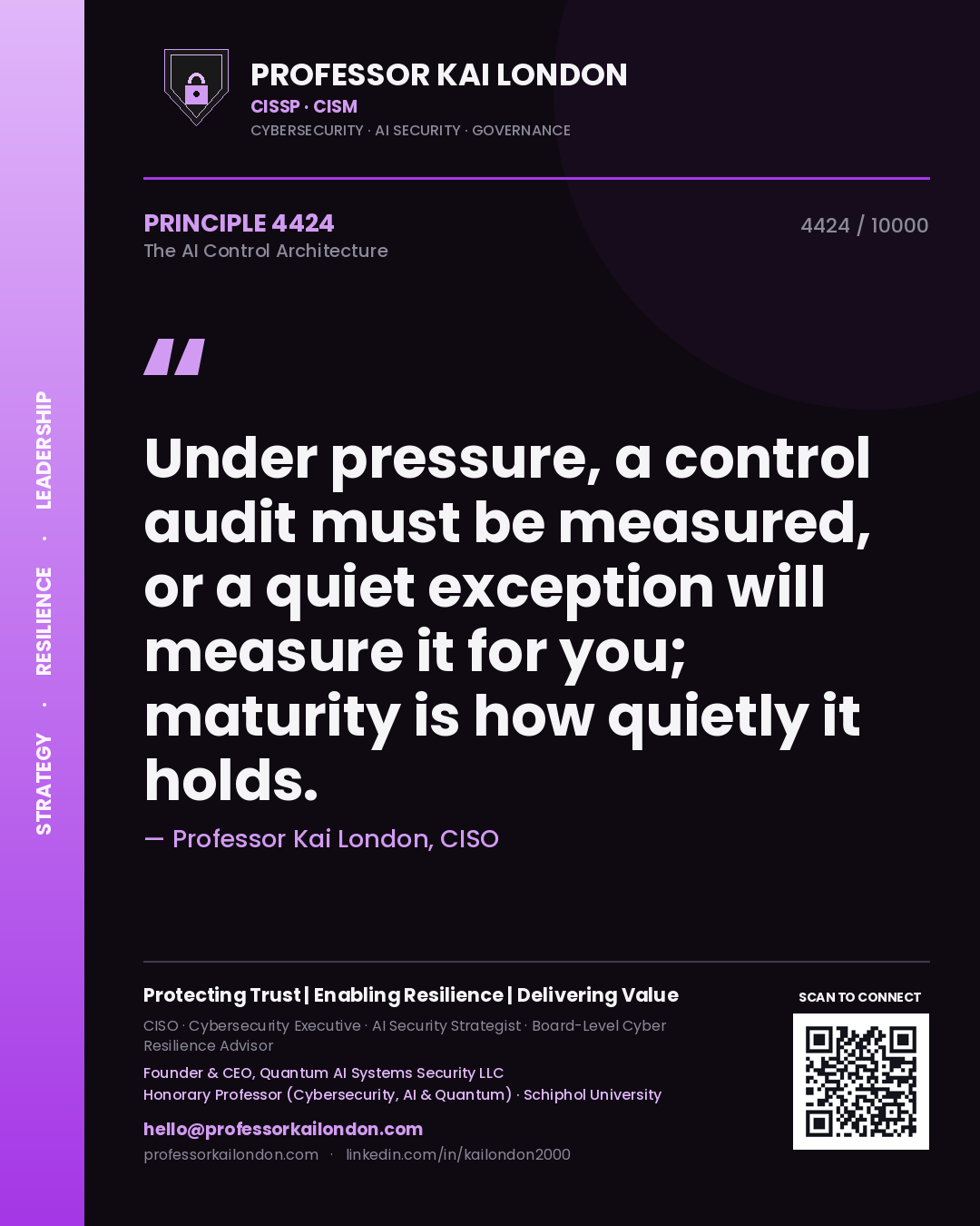 Quote card by Professor Kai London reading 'Under pressure, a control audit must be measured, or a quiet exception will measure it for you; maturity is how quietly it holds.'. From the book The AI Control Architecture.