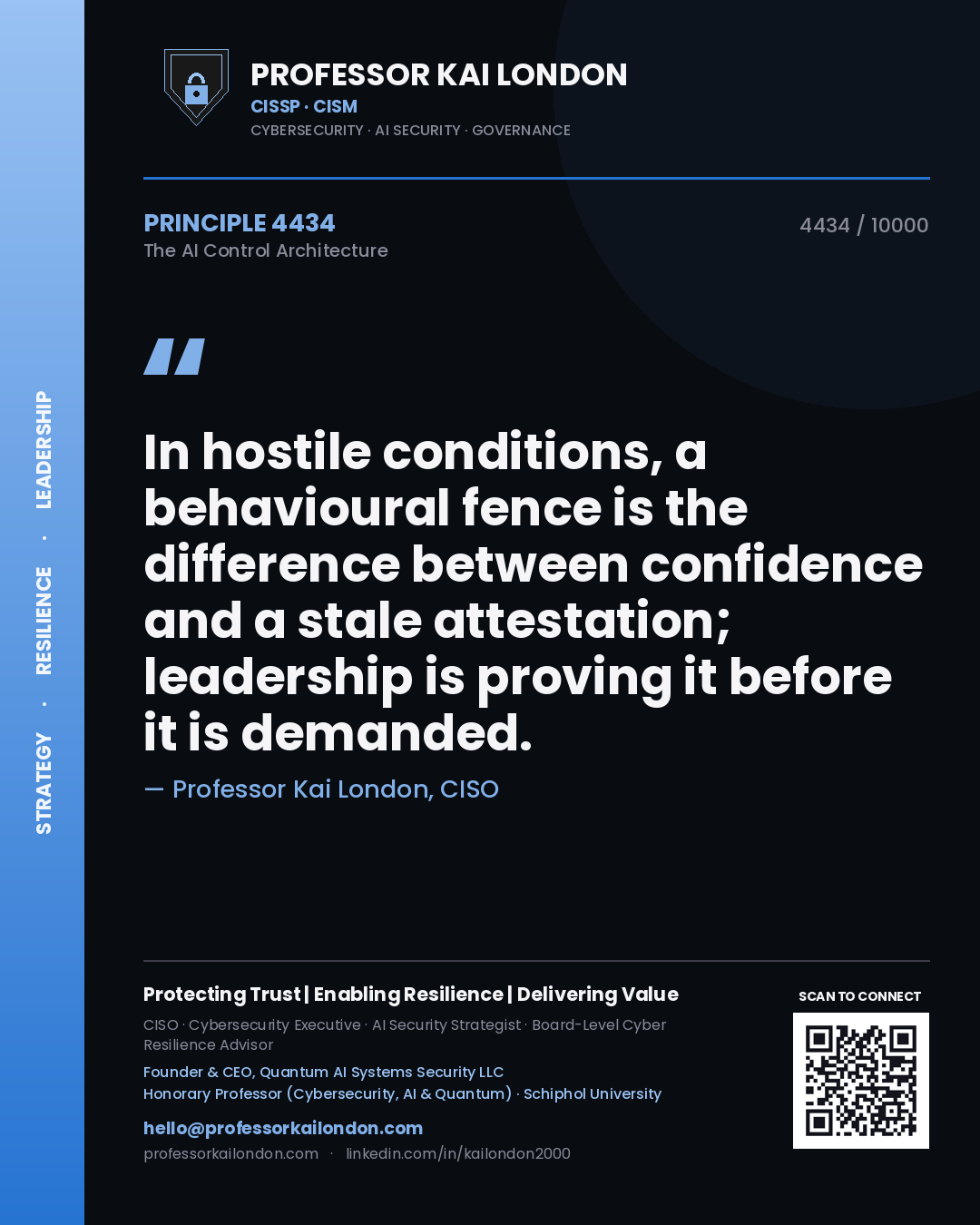 Quote card by Professor Kai London reading 'In hostile conditions, a behavioural fence is the difference between confidence and a stale attestation; leadership is proving it before it is demanded.'. From the book The AI Control Architecture.