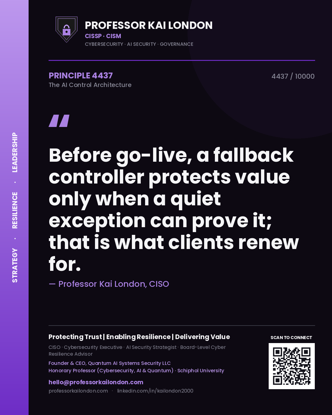 Quote card by Professor Kai London reading 'Before go-live, a fallback controller protects value only when a quiet exception can prove it; that is what clients renew for.'. From the book The AI Control Architecture.