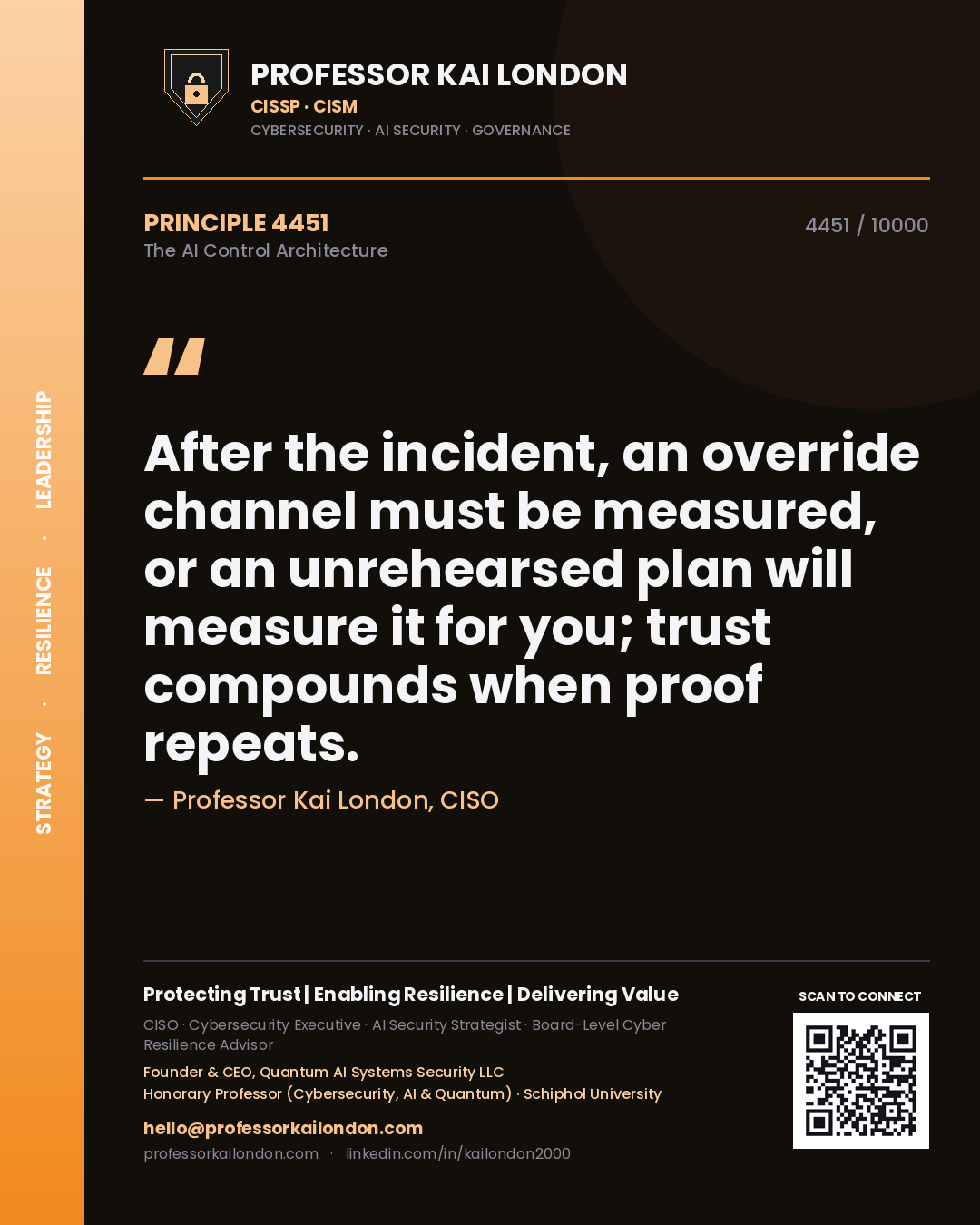 Professor Kai London principle 4451: After the incident, an override channel must be measured, or an unrehearsed plan will measure it for you; trust compounds when proof repeats.