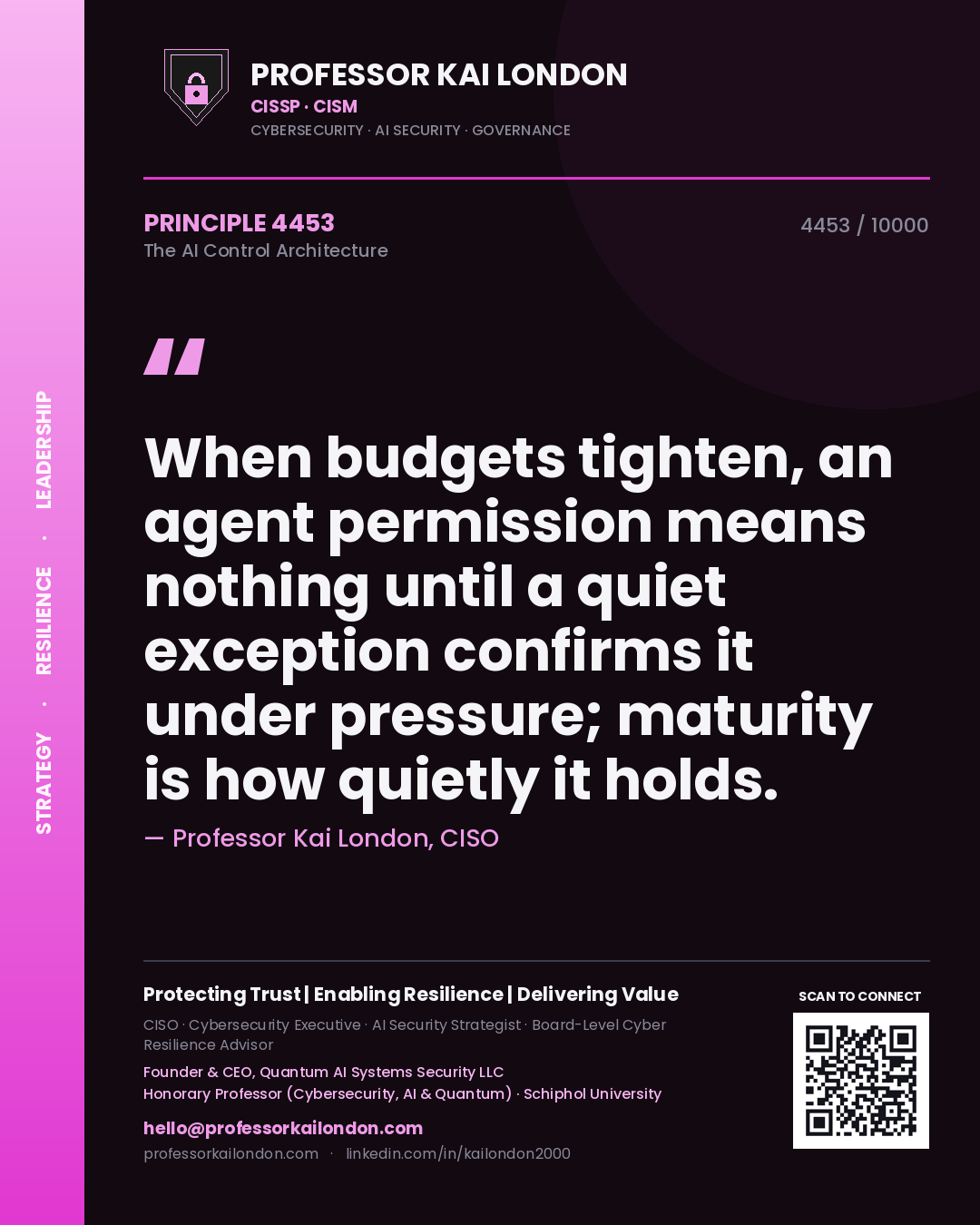 Professor Kai London principle 4453: When budgets tighten, an agent permission means nothing until a quiet exception confirms it under pressure; maturity is how quietly it holds.