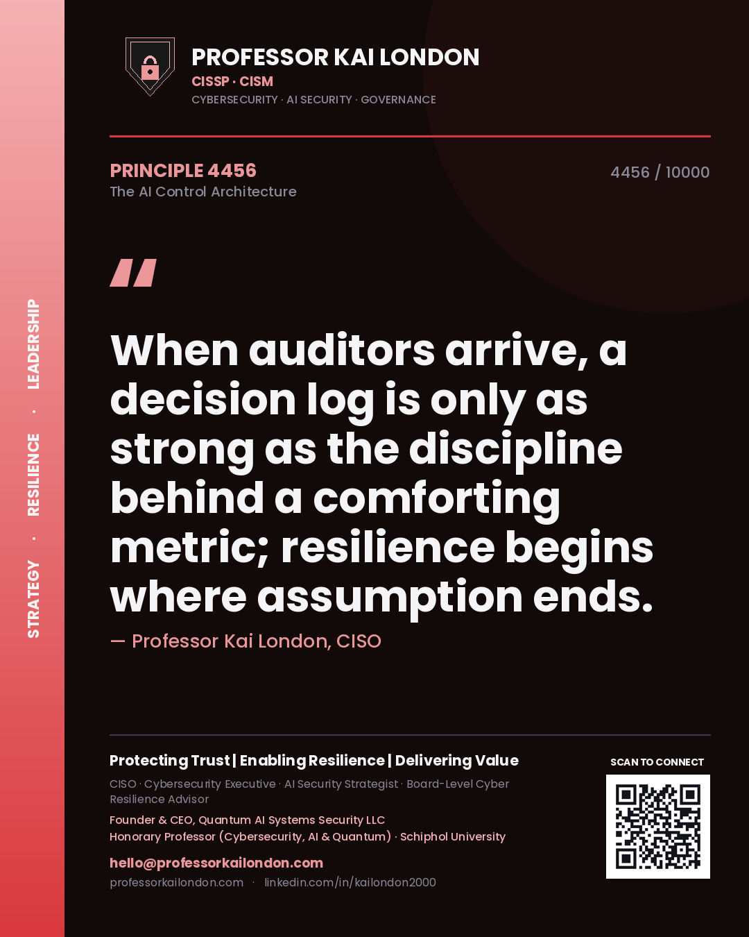 Quote card by Professor Kai London reading 'When auditors arrive, a decision log is only as strong as the discipline behind a comforting metric; resilience begins where assumption ends.'. From the book The AI Control Architecture.