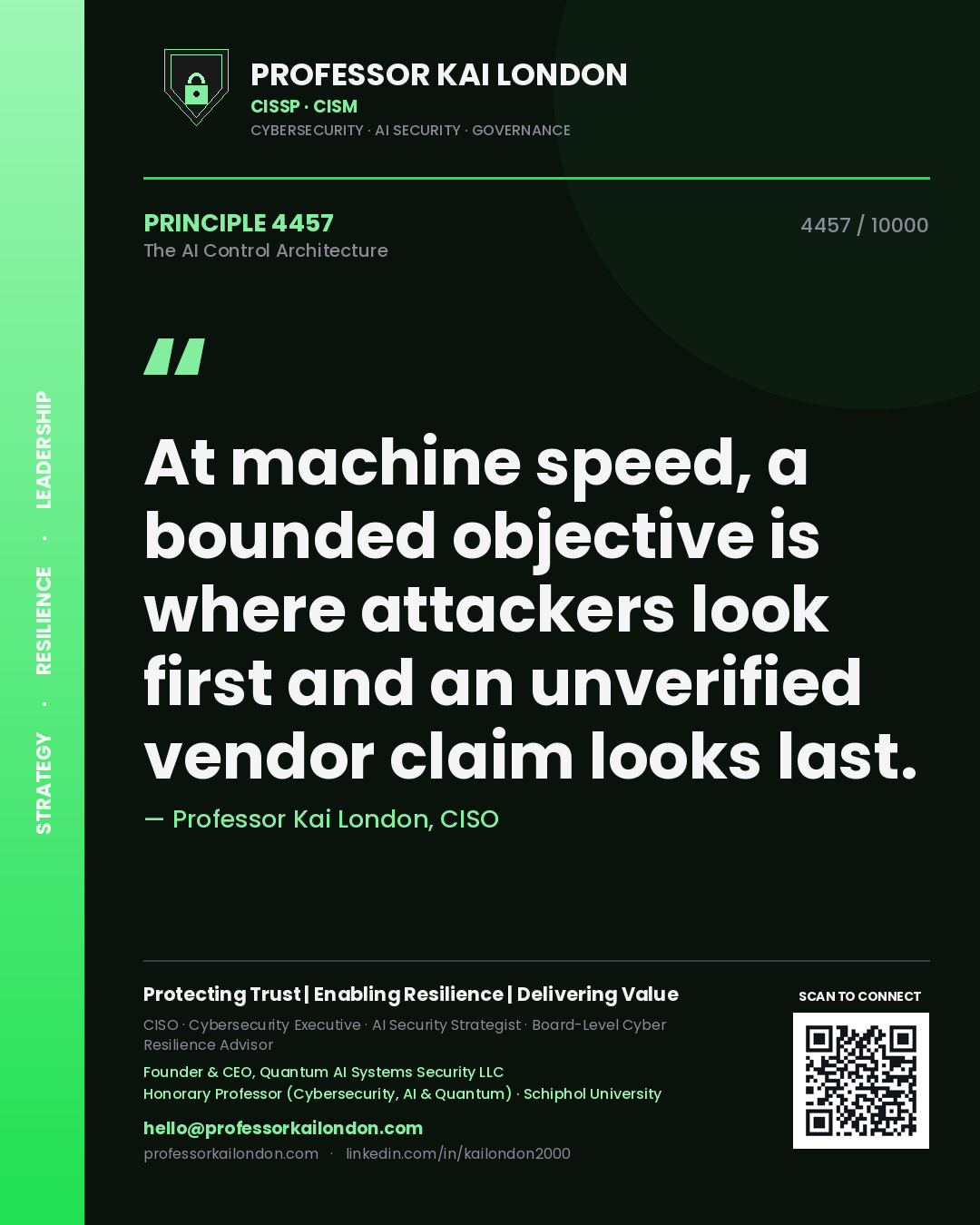 Professor Kai London principle 4457: At machine speed, a bounded objective is where attackers look first and an unverified vendor claim looks last.