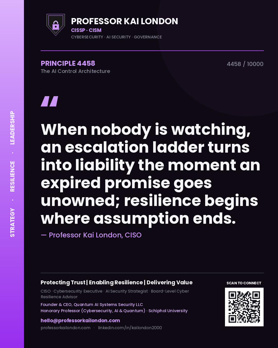 Professor Kai London principle 4458: When nobody is watching, an escalation ladder turns into liability the moment an expired promise goes unowned; resilience begins where assumption ends.