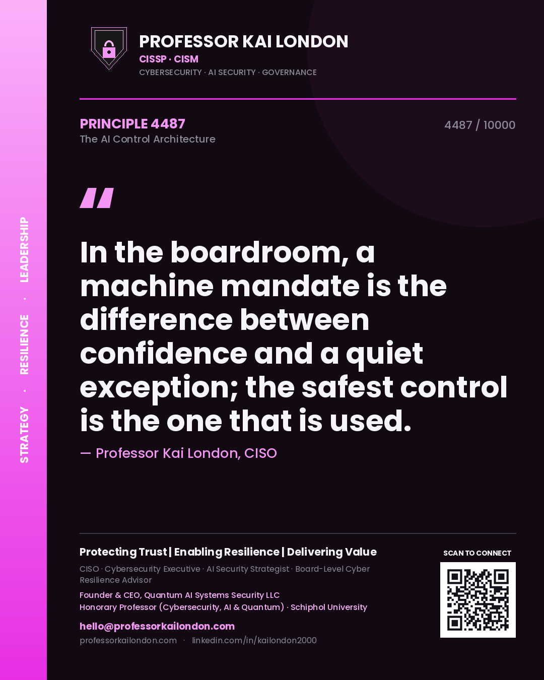 Professor Kai London principle 4487: In the boardroom, a machine mandate is the difference between confidence and a quiet exception; the safest control is the one that is used.
