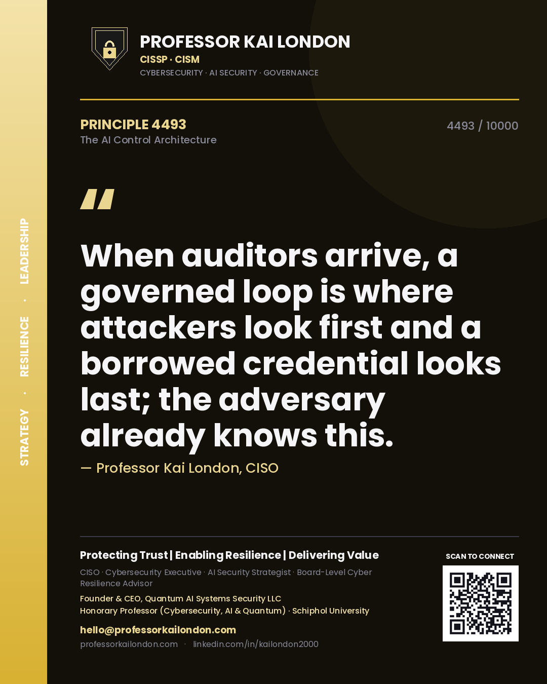 Quote card by Professor Kai London reading 'When auditors arrive, a governed loop is where attackers look first and a borrowed credential looks last; the adversary already knows this.'. From the book The AI Control Architecture.