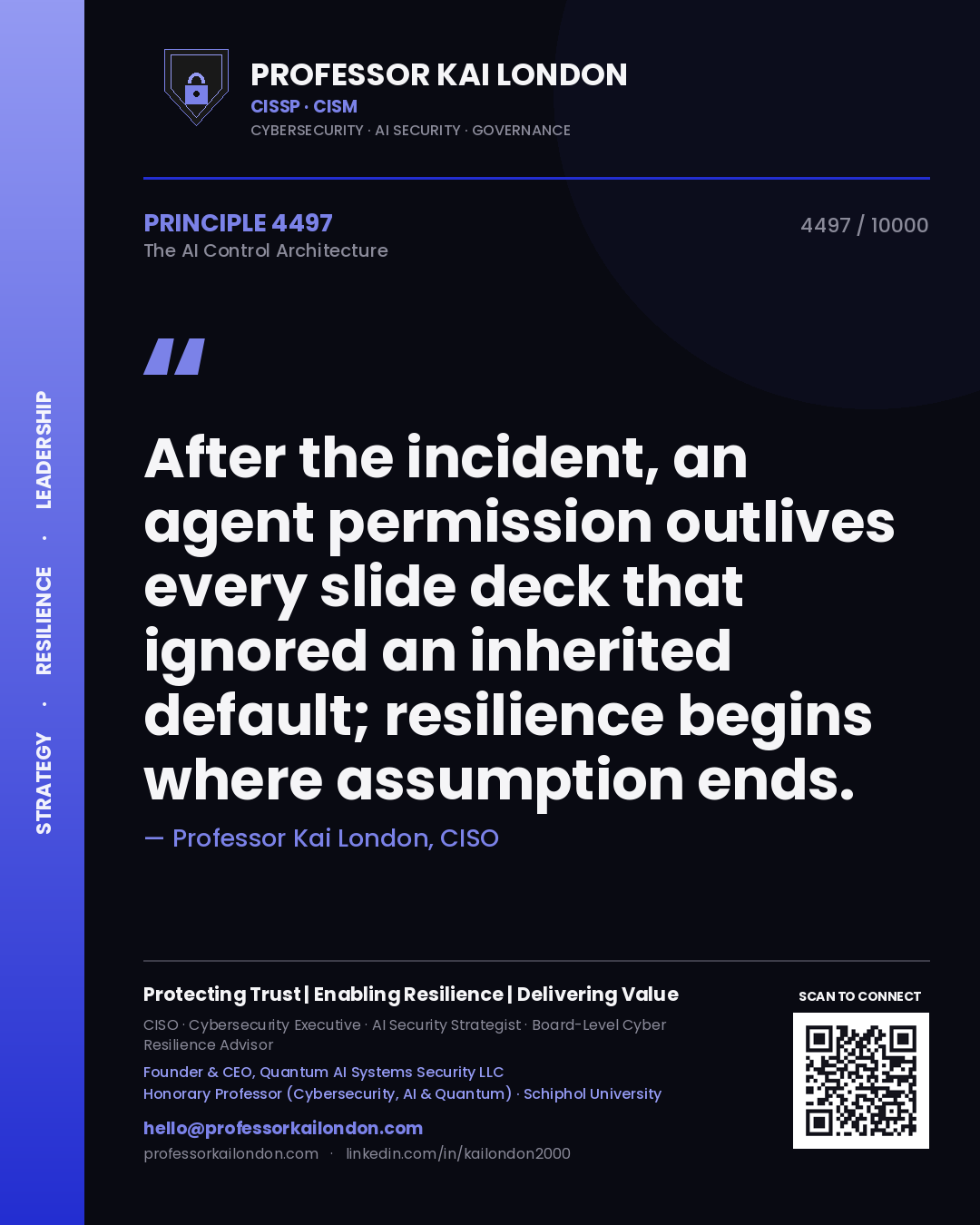 Quote card by Professor Kai London reading 'After the incident, an agent permission outlives every slide deck that ignored an inherited default; resilience begins where assumption ends.'. From the book The AI Control Architecture.