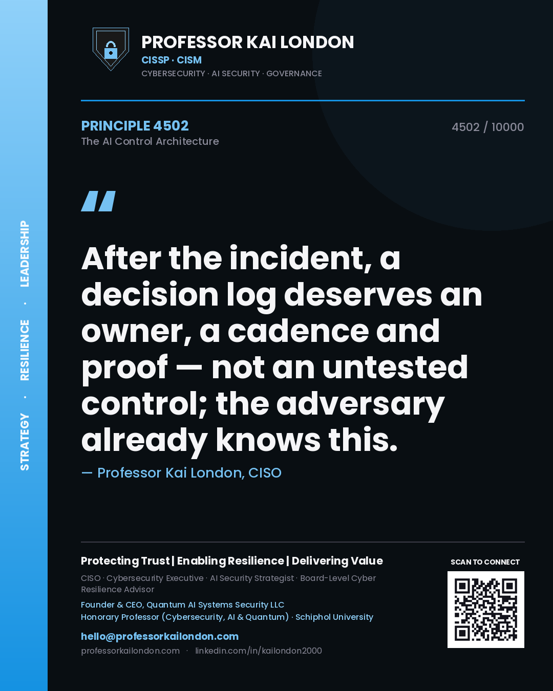Professor Kai London principle 4502: After the incident, a decision log deserves an owner, a cadence and proof — not an untested control; the adversary already knows this.