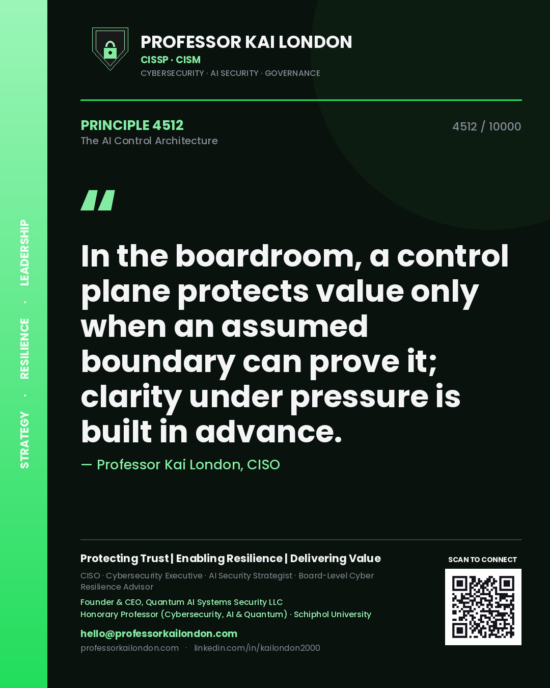 Professor Kai London principle 4512: In the boardroom, a control plane protects value only when an assumed boundary can prove it; clarity under pressure is built in advance.