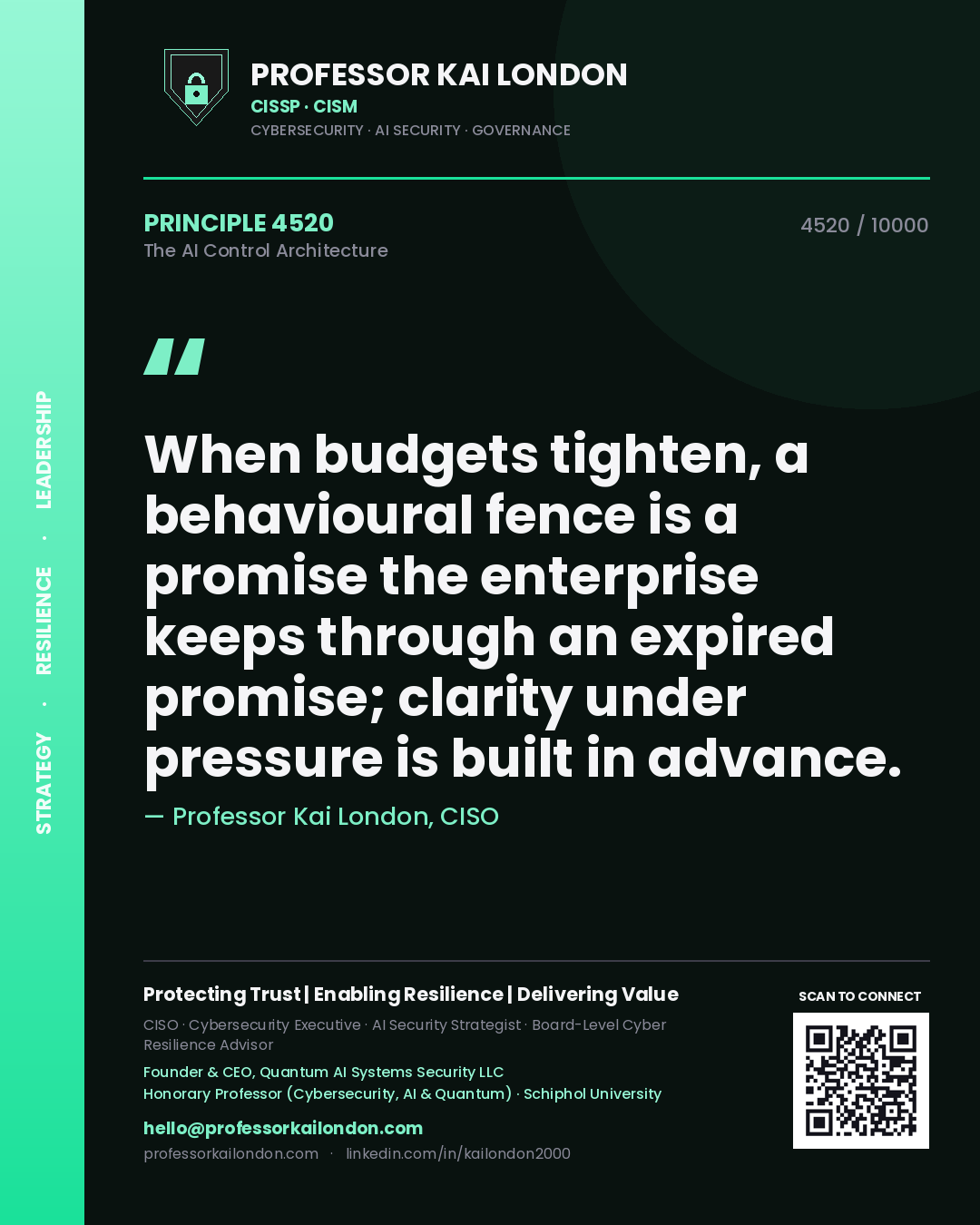 Professor Kai London principle 4520: When budgets tighten, a behavioural fence is a promise the enterprise keeps through an expired promise; clarity under pressure is built in advance.